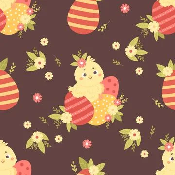 Seamless pattern cute chick with Easter egg on brown background with flower.. Stock Illustration