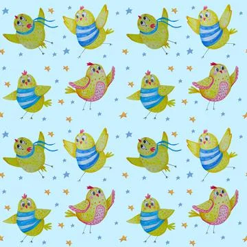 Seamless pattern with cute chickens. Funny yellow birds in striped T-shirts, run Ilustración de archivo
