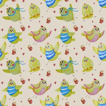 Seamless pattern with cute chickens. Funny yellow birds, boys in striped T-sh Stock Illustration