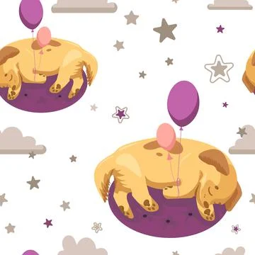Seamless pattern. Cute childish illustration, sleeping puppy, balloons, cloud Stock Illustration