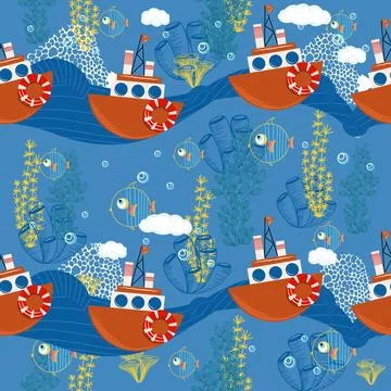 Seamless pattern cute childish. seamless background with boats. For fashion.. Stock Illustration