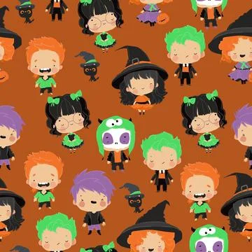 Seamless Pattern with Cute Children in Colorful Halloween Costumes Stock Illustration
