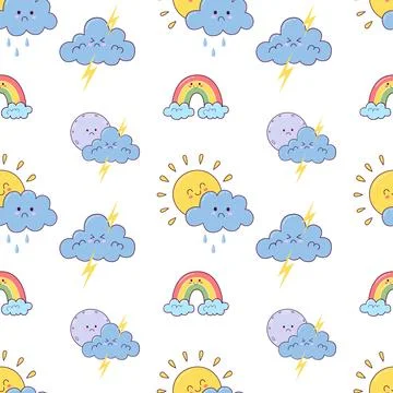 Seamless pattern of cute children weather characters on white background. tre Stock Illustration