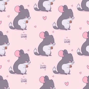 Seamless pattern with cute chinchilla on pink background with hearts. Funny.. Stock Illustration