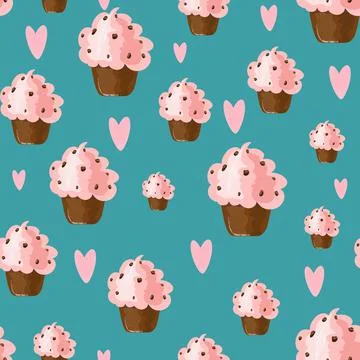 Seamless pattern with cute chocolate cupcakes and pink hand drawn hearts Stock Illustration