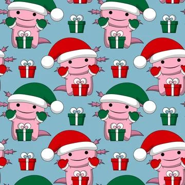 Seamless pattern with cute Christmas Axolotl Stock Illustration