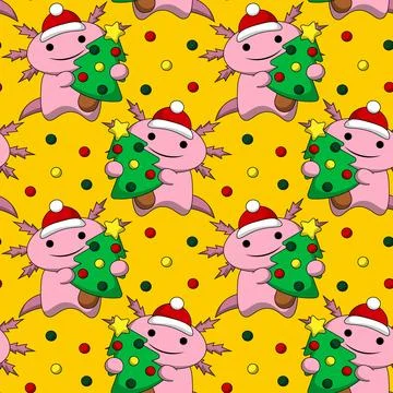 Seamless pattern with Cute Christmas Axolotl with Christmas Tree Illustrazione stock