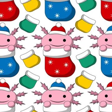 Seamless pattern with Cute Christmas Axolotl in sock Illustrazione stock