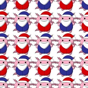 Seamless pattern with Cute Christmas Axolotl Santa 스톡 일러스트