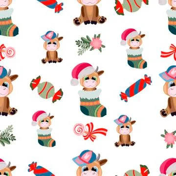 Seamless pattern with cute Christmas bulls, candies, flowers, on white Stock Illustration