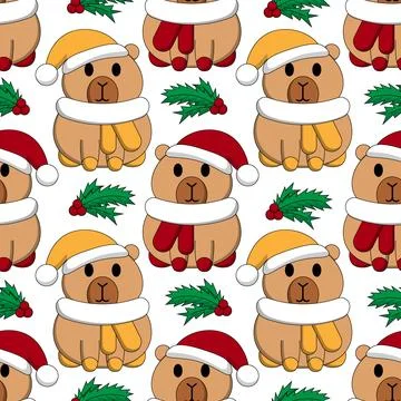 Seamless pattern with Cute Christmas Capybara Santa 스톡 일러스트