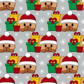 Seamless pattern with Cute Christmas Capybara and gift box 스톡 일러스트
