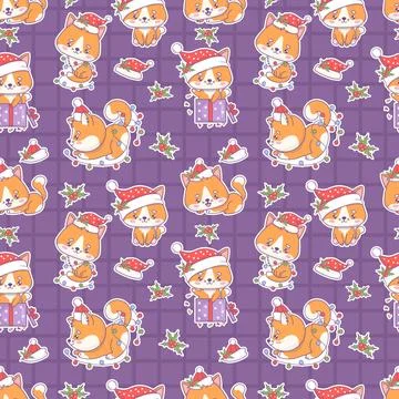 Seamless pattern with cute Christmas cartoon cat in Santa hat with festive .. Stockillustratie