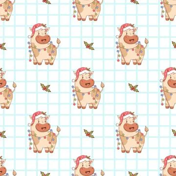 Seamless pattern Cute Christmas Cow in Santa hat with Garland on White Chec.. Stock Illustration