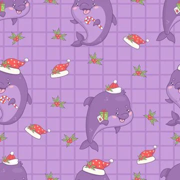 Seamless pattern with cute  Christmas dolphins with gift and striped candy .. Illustrazione stock