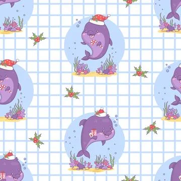Seamless pattern with cute Christmas dolphins in Santa hat with gift and st.. Stock Illustration