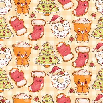 Seamless pattern with cute Christmas gingerbread on checkered beige backgro.. Stock Illustration