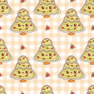 Seamless pattern with cute Christmas gingerbread tree with garland on check.. Stock Illustration