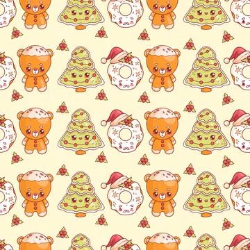 Seamless pattern with cute Christmas gingerbread tree with garland, donut S.. Illustrazione stock