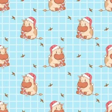 Seamless pattern Cute Christmas Little Bull in Santa hat with Candy on Blue.. Stock Illustration