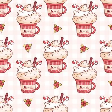 Seamless pattern with cute Christmas red cup with cream dessert with stripe.. 库存插图