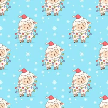 Seamless pattern Cute Christmas Sheep in Santa Hat with Festive Garland Bal.. Stock Illustration