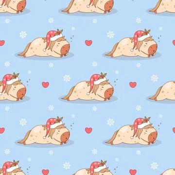 Seamless pattern Cute Christmas sleeping Little Horse in Santa hat on blue .. Stock Illustration