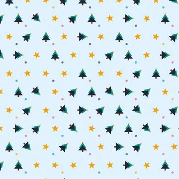 Seamless pattern with cute Christmas trees, stars and confetti on light blu.. Stock Illustration