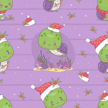 Seamless pattern with cute Christmas turtle in Santa hat on purple striped .. 스톡 일러스트