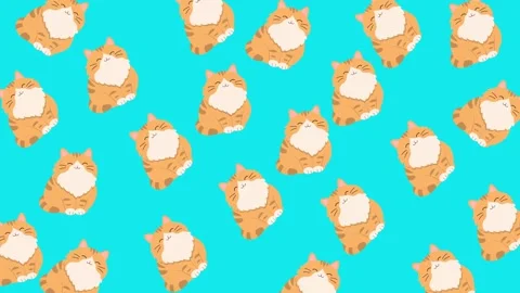 Seamless Pattern of Cute Chubby Ginger Cats on Bright Turquoise Background Stock Footage 345540017