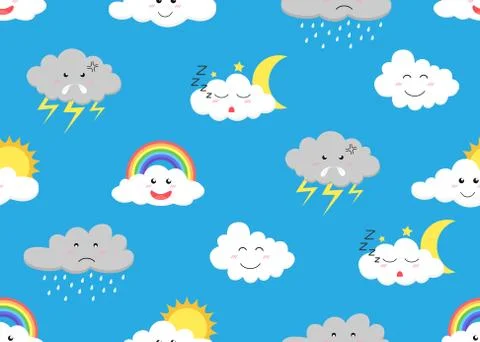 Seamless pattern of cute cloud cartoon emojis icon set with different express Illustrazione stock