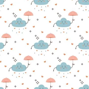 Seamless pattern cute cloud with umbrella, hearts Stock Illustration