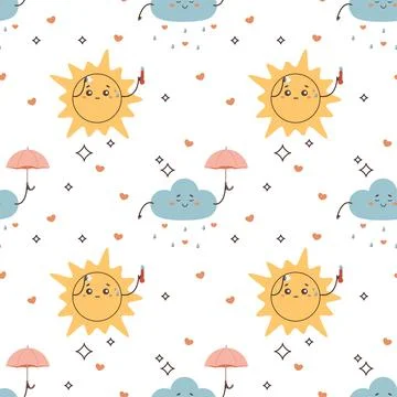 Seamless pattern cute cloud with umbrella, hearts Stock Illustration