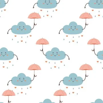 Seamless pattern cute cloud with umbrella, hearts Stock Illustration