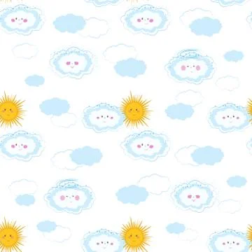Seamless pattern with cute clouds and sun on white background. Hand drawn vec Illustrazione stock