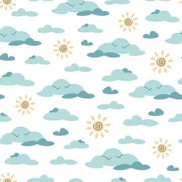 Seamless pattern with cute clouds and sun in flat style. Children's backgroun Stock Illustration
