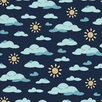 Seamless pattern with cute clouds and sun in flat style. Children's backgroun Stock Illustration