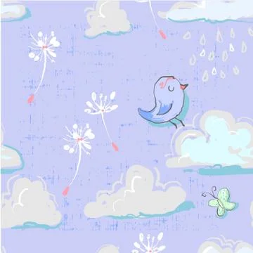 Seamless pattern with cute clouds with bird and buterfly dandelion childish Stock Illustration