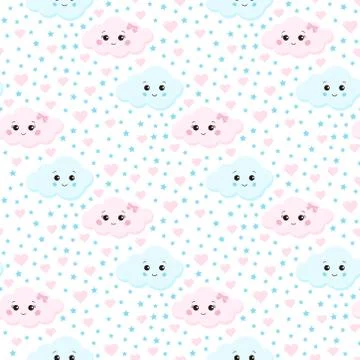 Seamless pattern cute clouds couple boy and girl baby in love with pink heart Stock Illustration