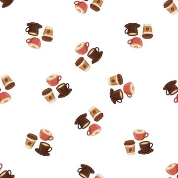 Seamless pattern with cute coffee cups and mugs on white background. Illustrazione stock