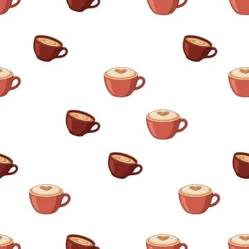 Seamless pattern with cute coffee cups and latte art hearts on white backgr.. Illustrazione stock