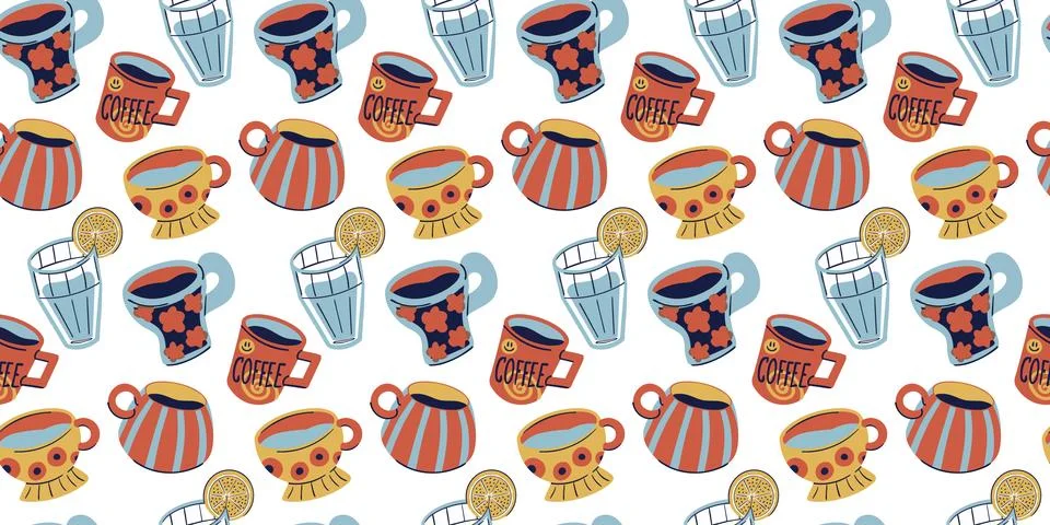 Seamless pattern with cute coffee mugs and tea cups. Hand drawn drinkware v.. Stock Illustration