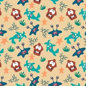 Seamless pattern with cute color monsters Stock Illustration