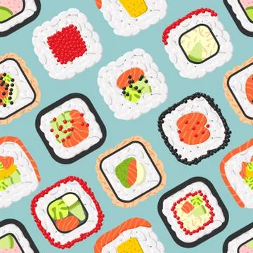 Seamless pattern of cute colored sushi rolls Stock Illustration