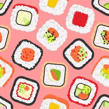 Seamless pattern of cute colored sushi rolls Stock Illustration