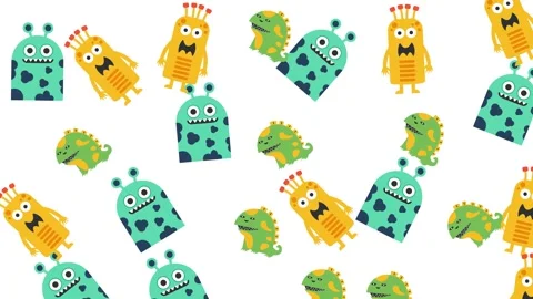 Seamless Pattern of Cute Colorful Cartoon Monsters and Funny Alien Characters Stock-Footage 345539447