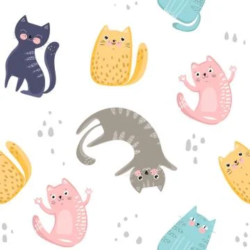 Seamless pattern with cute colorful cats. Great for fabric, textile, wrapping Stock Illustration