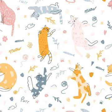 Seamless pattern with cute colorful cats. Hand drawn vector illustration of Stock Illustration
