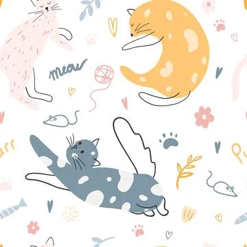 Seamless pattern with cute colorful cats. Hand drawn vector illustration of Stock Illustration