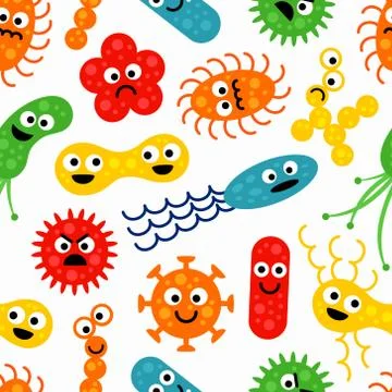Seamless pattern with cute colorful funny bacterias, germs Stock Illustration